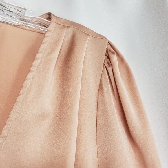 FOREVER 21 Satin Lace-Up Buckle Top L Blush Champagne Tan Nude Puff Sleeves - Picture 9 of 12